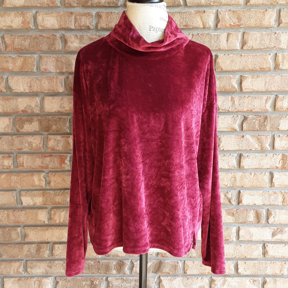 Garnet Hill Velvet Mock Turtleneck in Deep Red Size Large.